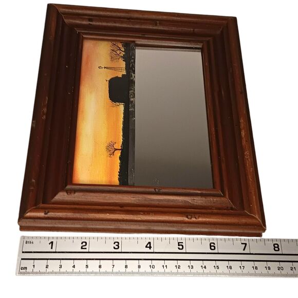 Vintage Small Painting W/ Mirror Barn Windmill Landscape Sunset Framed Rustic - Picture 6 of 12